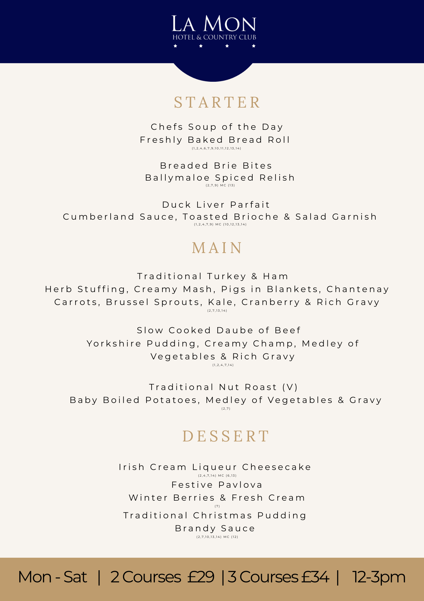 Early bird festive menu